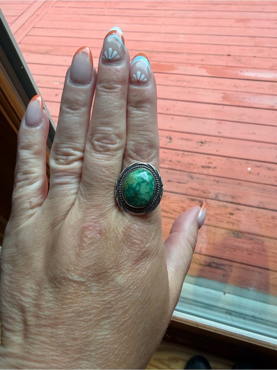 Native American Jewelry - Navajo Shadowbox Turquoise 925 Sterling Silver Stamped Ring Possibly Denetdale 8